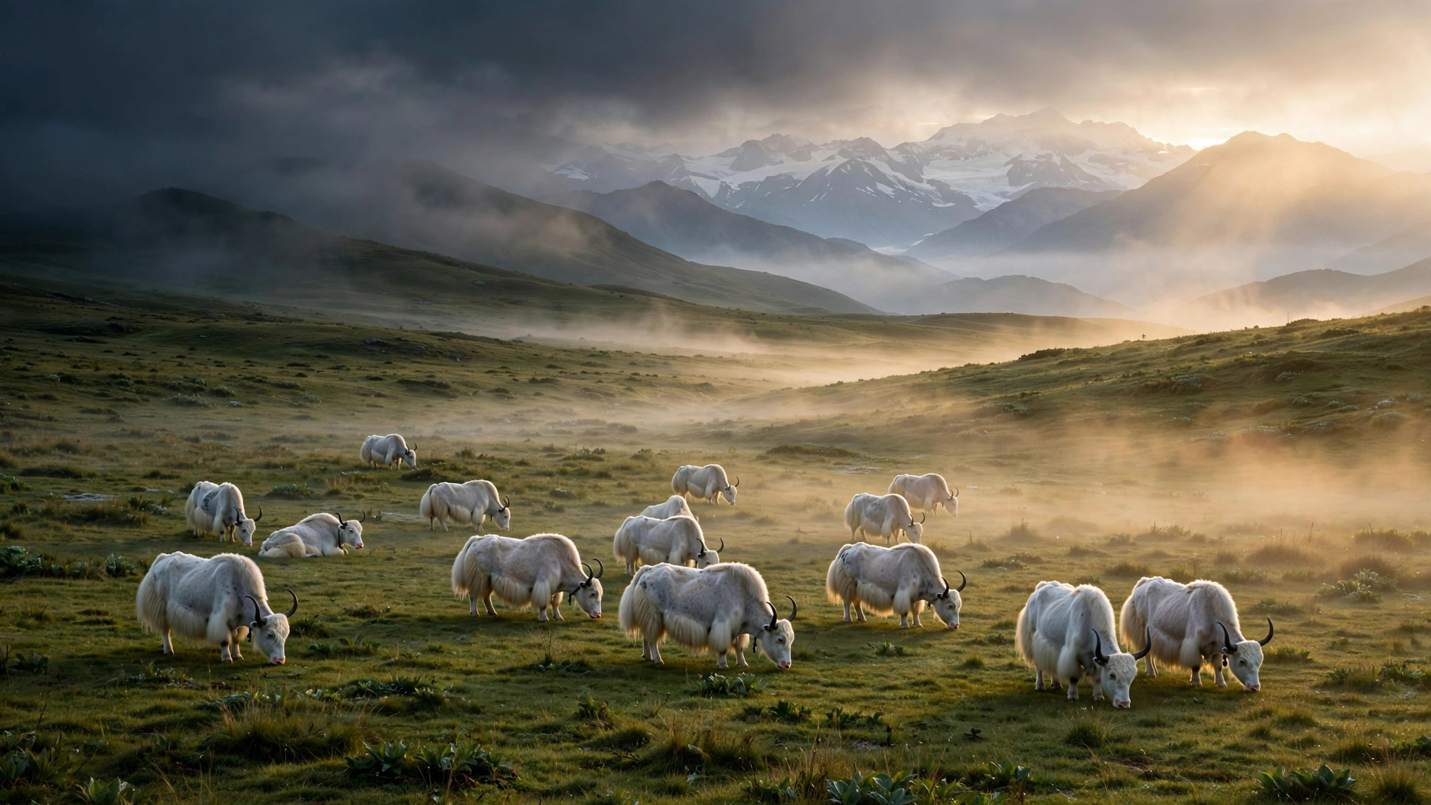 White yaks grazing on highland grassland at dawn