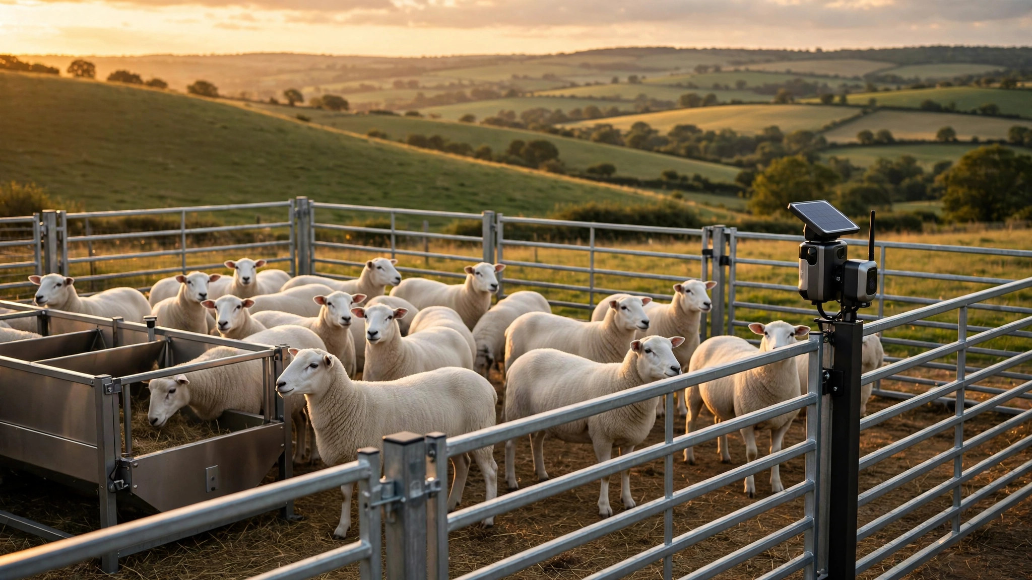 Smart sheep farm with sensor equipment at golden hour